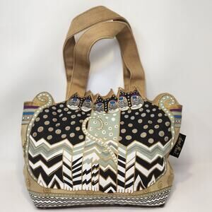Laurel Burch 3 Cats Brown Green Small Canvas Tote Bag Purse Folk Art Feline